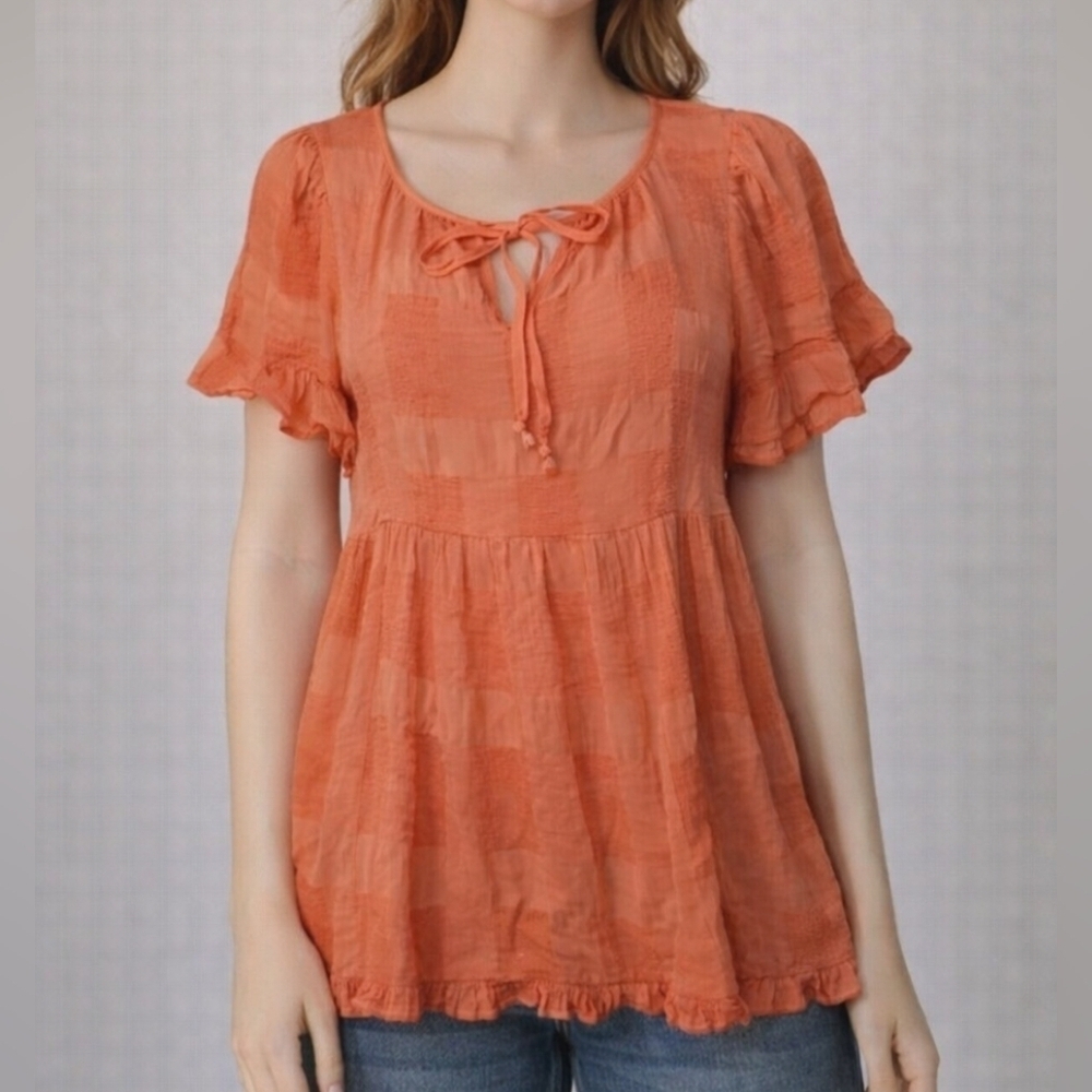 UMGEE Bubble Gum Pink Chenille Check Tie Neck Ruffle Babydoll Blouse Small